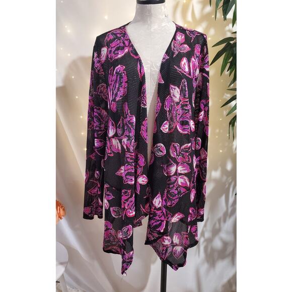 Aqua Blues Floral Sheer Mesh Open Asymmetrical Cardigan Topper Size 2X Beach - Picture 1 of 9